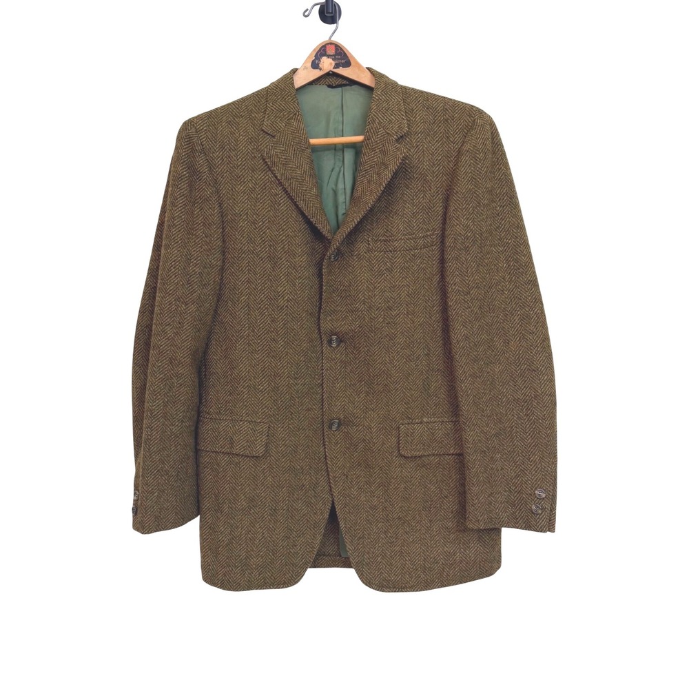 Vtg Cricketeer Olive Green Herringbone Tweed Wool Sport Coat Blazer Jacket 38L